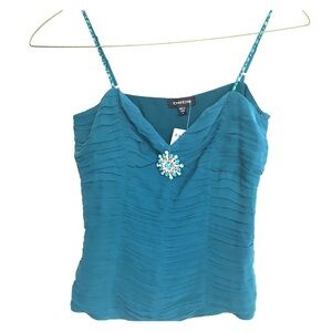 Bebe silk teal dressy top with jeweled broach